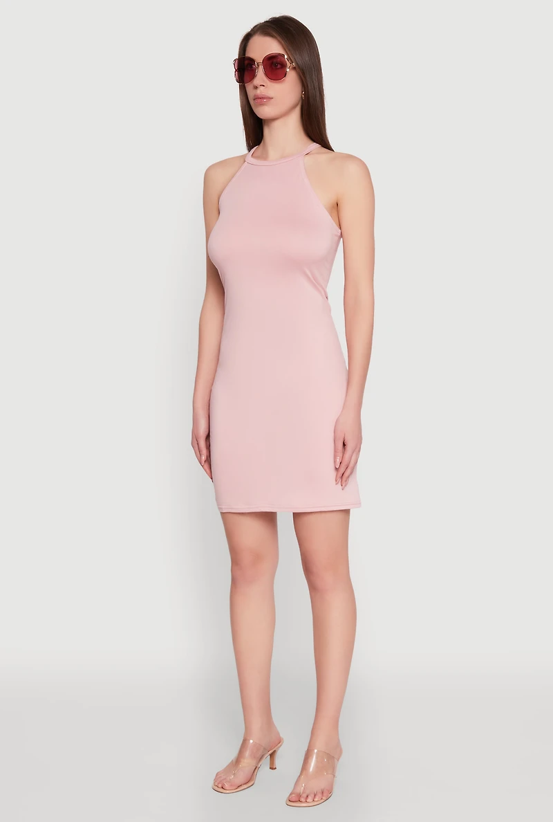 Womens Laser Cut Halter Mini Dress, Pink, Size L