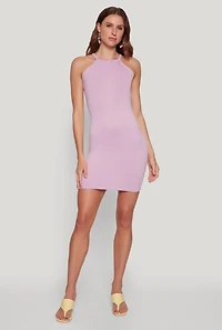 Womens Laser Cut Halter Mini Dress, Purple, Size L