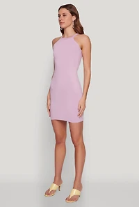 Womens Laser Cut Halter Mini Dress, Purple, Size S