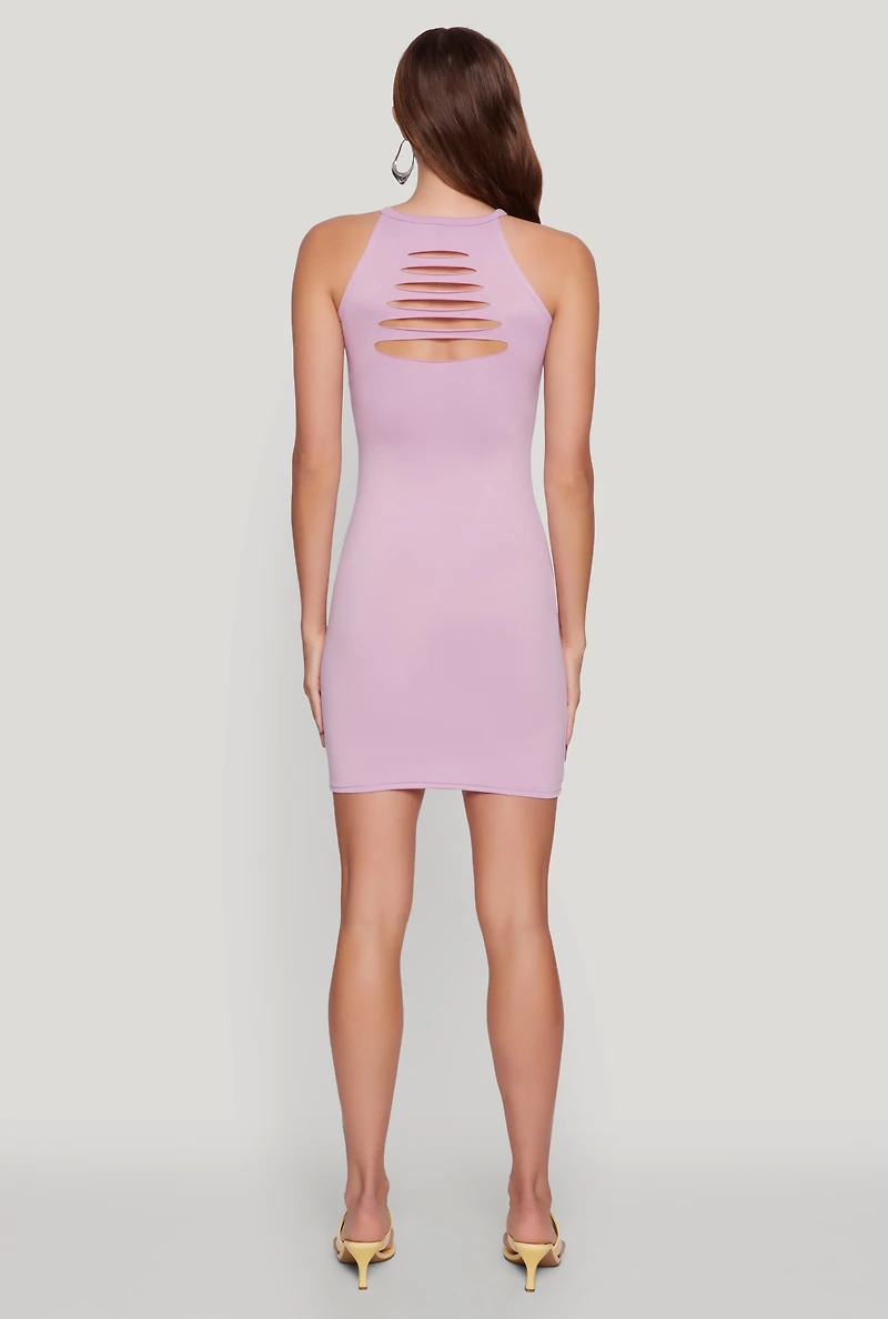 Womens Laser Cut Halter Mini Dress, Purple, Size L