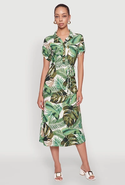 Womens Tropical Leaf Tie Waist Belted Half Button Front Shirt Dress, Green,