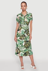Womens Tropical Leaf Tie Waist Belted Half Button Front Shirt Dress, Green, Size M