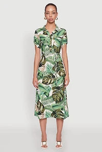 Womens Tropical Leaf Tie Waist Belted Half Button Front Shirt Dress, Green,