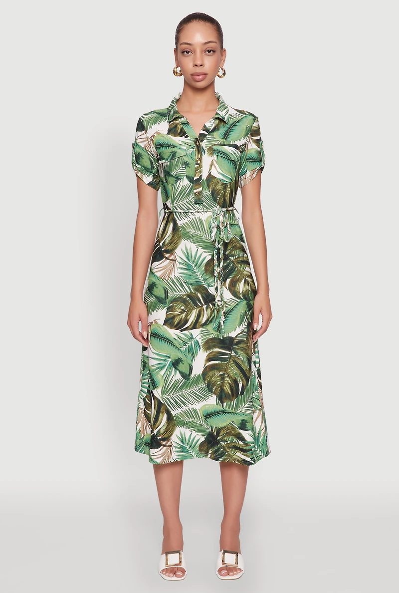 Womens Tropical Leaf Tie Waist Belted Half Button Front Shirt Dress, Green, Size M