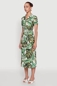 Womens Tropical Leaf Tie Waist Belted Half Button Front Shirt Dress, Green,