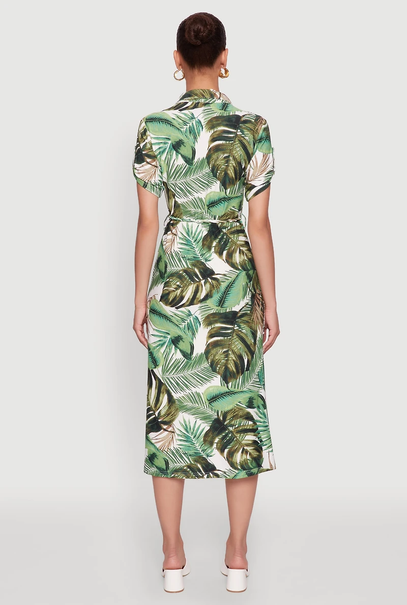 Womens Tropical Leaf Tie Waist Belted Half Button Front Shirt Dress, Green, Size M