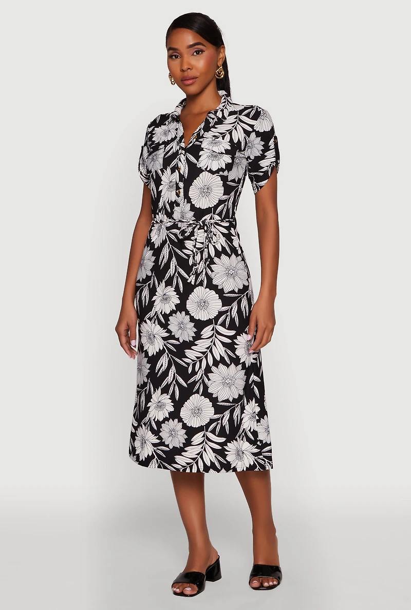 Womens Floral Half Button Front Shirt Dress with Tie Waist Belt, Multi, Size L