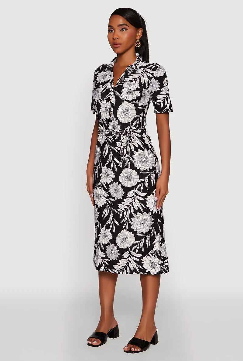 Womens Floral Half Button Front Shirt Dress with Tie Waist Belt, Multi, Size L