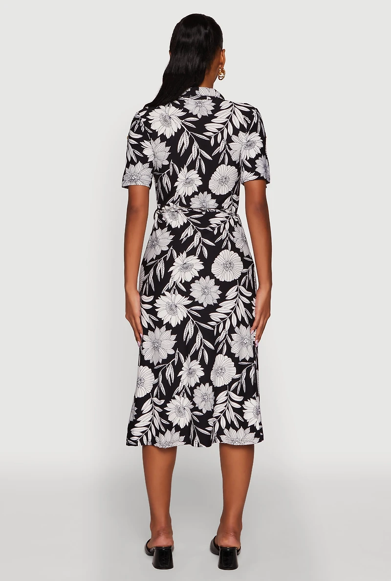 Womens Floral Half Button Front Shirt Dress with Tie Waist Belt, Multi, Size L