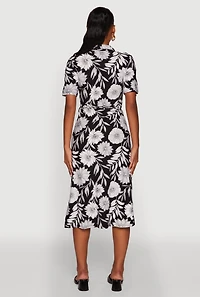 Womens Floral Half Button Front Shirt Dress with Tie Waist Belt, Multi, Size S