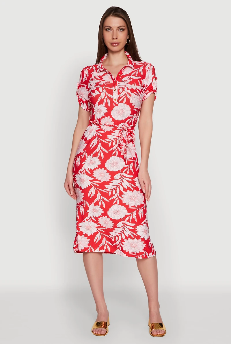 Womens Floral Half Button Front Shirt Dress with Tie Waist Belt, Red, Size M