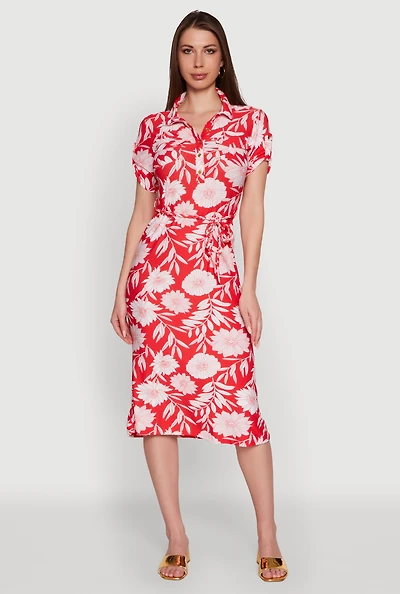Womens Floral Half Button Front Shirt Dress with Tie Waist Belt, Red, Size M