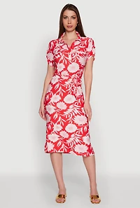 Womens Floral Half Button Front Shirt Dress with Tie Waist Belt, Red, Size M