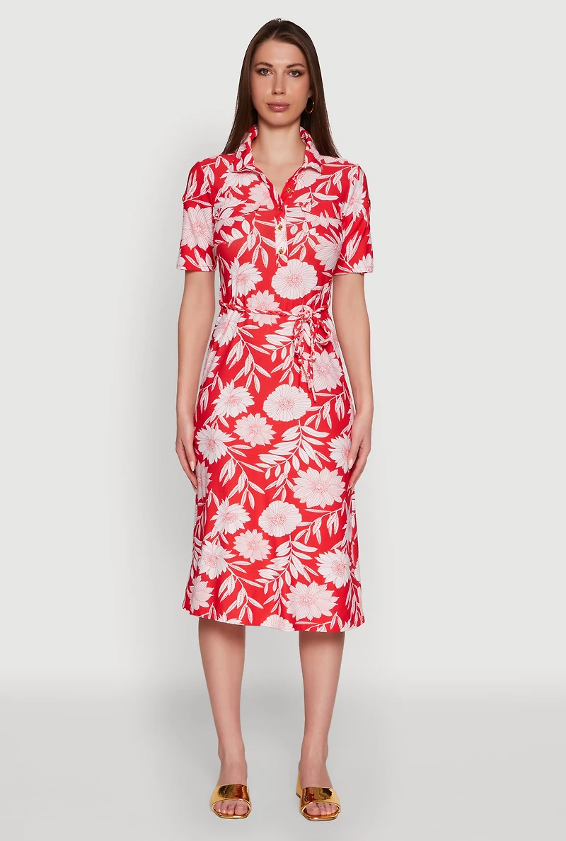 Womens Floral Half Button Front Shirt Dress with Tie Waist Belt, Red, Size M
