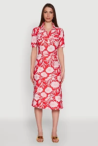 Womens Floral Half Button Front Shirt Dress with Tie Waist Belt, Red, Size M