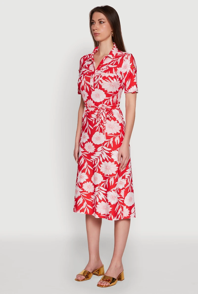 Womens Floral Half Button Front Shirt Dress with Tie Waist Belt, Red, Size M