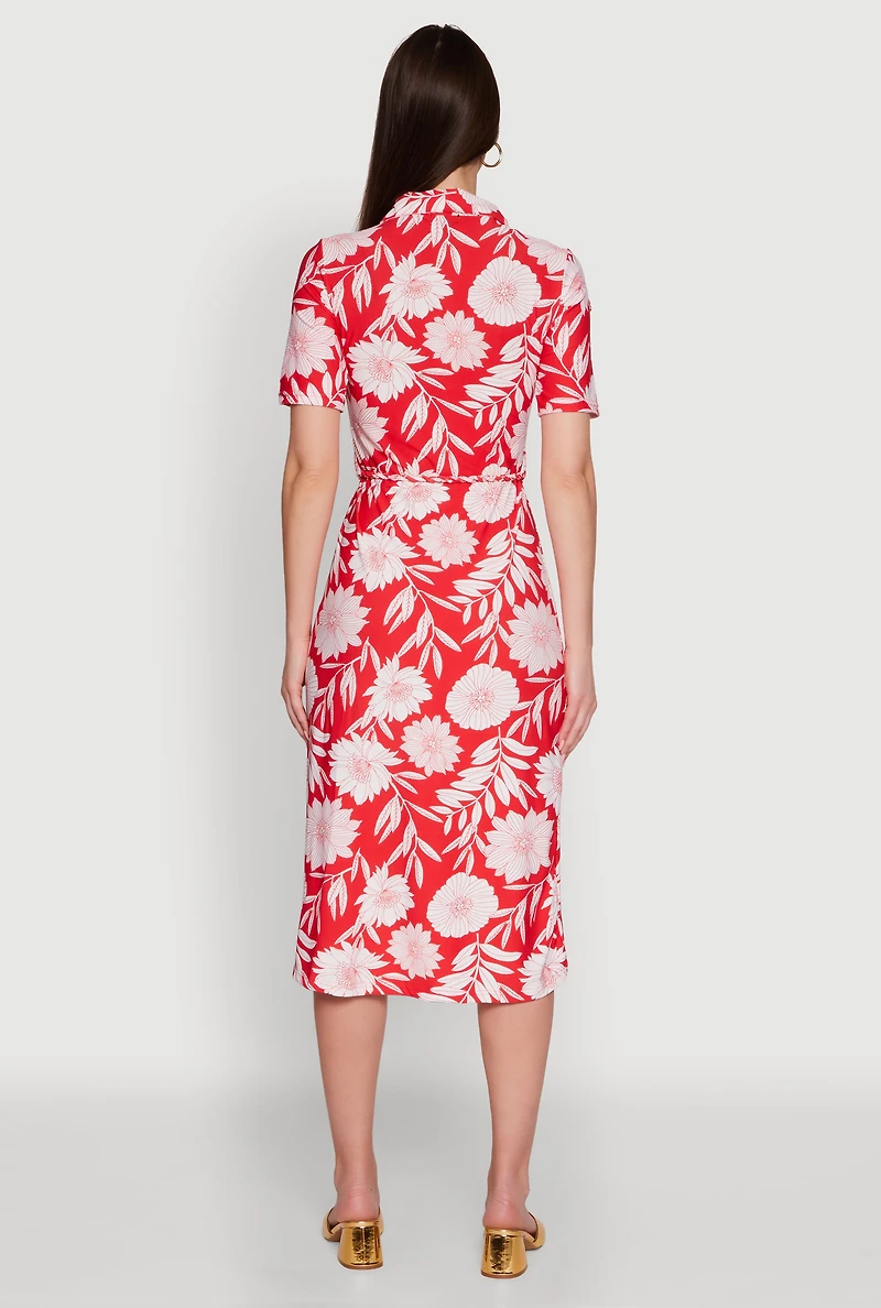 Womens Floral Half Button Front Shirt Dress with Tie Waist Belt, Red, Size M