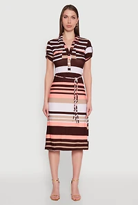 Womens Stylish Tie Waist Belted Tabbed Sleeve Shirt Dress, Multi, Size L