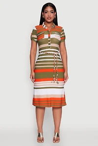 Womens Stylish Tie Waist Belted Tabbed Sleeve Shirt Dress, Multi,