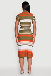 Womens Stylish Tie Waist Belted Tabbed Sleeve Shirt Dress, Multi,