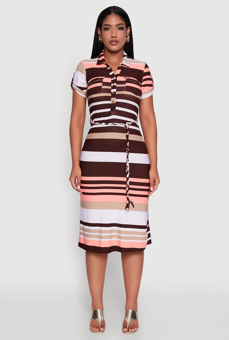 Stylish Tie Waist Belted Tabbed Sleeve Shirt Dress