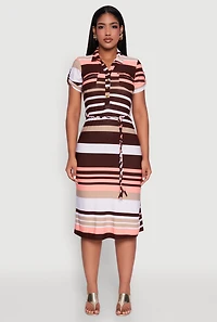 Stylish Tie Waist Belted Tabbed Sleeve Shirt Dress