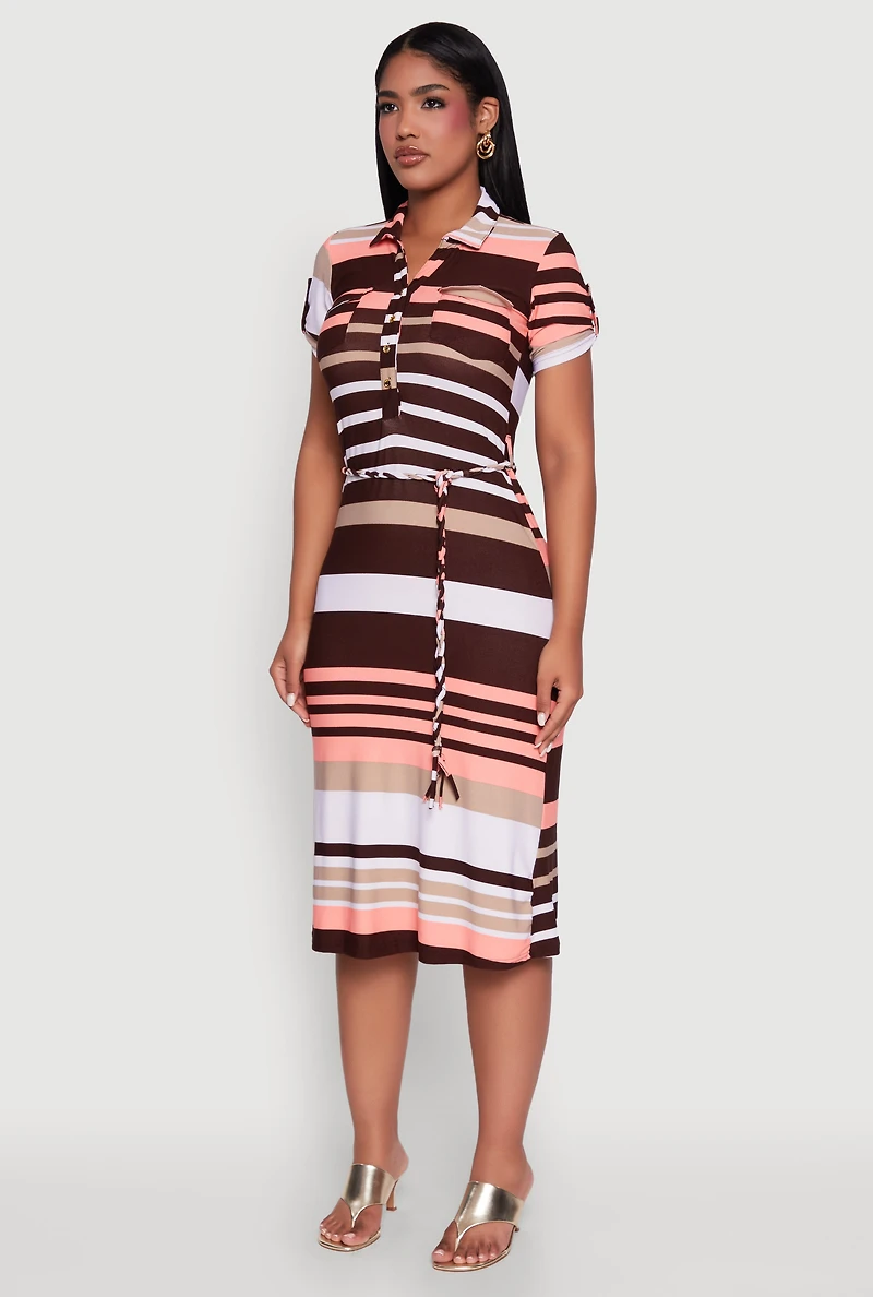 Stylish Tie Waist Belted Tabbed Sleeve Shirt Dress