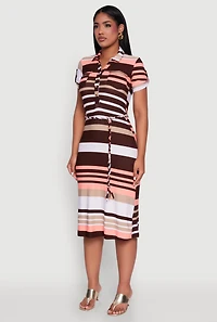 Stylish Tie Waist Belted Tabbed Sleeve Shirt Dress