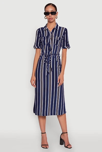 Womens Trendy Half Button Tie Waist Striped Midi Shirt Dress, L