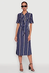 Womens Trendy Half Button Tie Waist Striped Midi Shirt Dress, L