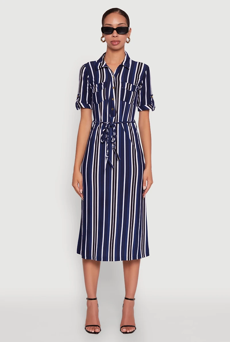 Womens Trendy Half Button Tie Waist Striped Midi Shirt Dress, L