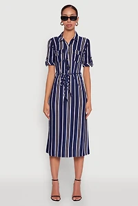 Womens Trendy Half Button Tie Waist Striped Midi Shirt Dress, L