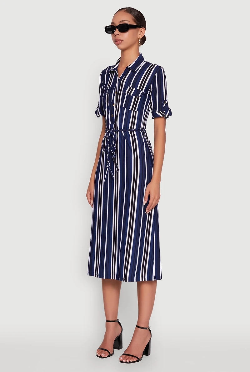 Womens Trendy Half Button Tie Waist Striped Midi Shirt Dress, L