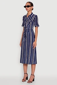 Womens Trendy Half Button Tie Waist Striped Midi Shirt Dress, L