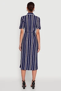 Womens Trendy Half Button Tie Waist Striped Midi Shirt Dress, L