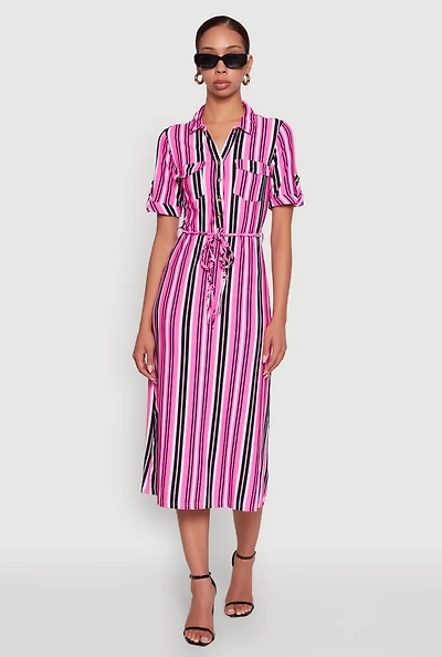 Womens Trendy Half Button Tie Waist Striped Midi Shirt Dress,