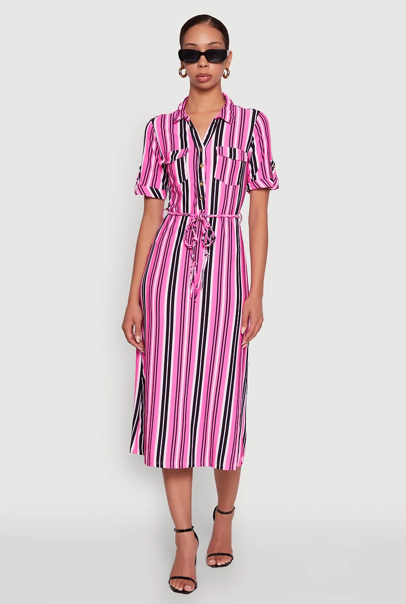 Womens Trendy Half Button Tie Waist Striped Midi Shirt Dress, Pink,