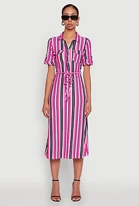 Womens Trendy Half Button Tie Waist Striped Midi Shirt Dress, Pink,