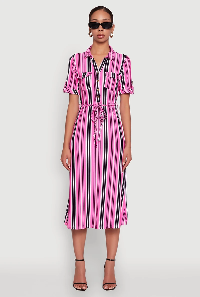 Womens Trendy Half Button Tie Waist Striped Midi Shirt Dress, Pink, Size M