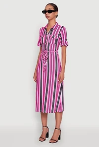 Womens Trendy Half Button Tie Waist Striped Midi Shirt Dress, Pink,