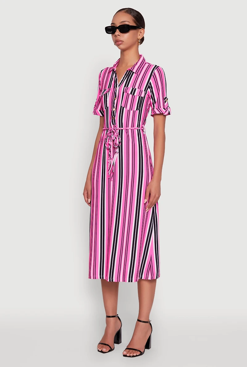 Womens Trendy Half Button Tie Waist Striped Midi Shirt Dress, Pink, Size XL