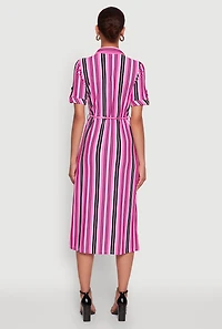 Womens Trendy Half Button Tie Waist Striped Midi Shirt Dress, Pink,