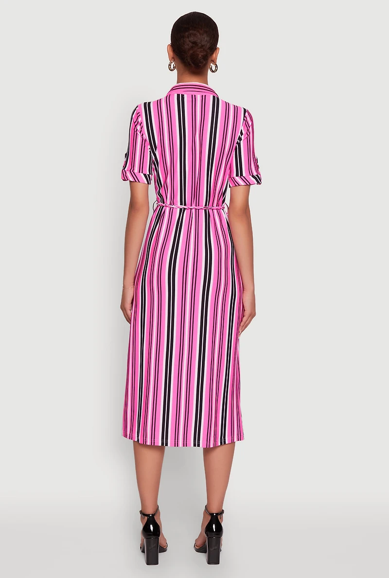 Womens Trendy Half Button Tie Waist Striped Midi Shirt Dress, Pink, Size XL