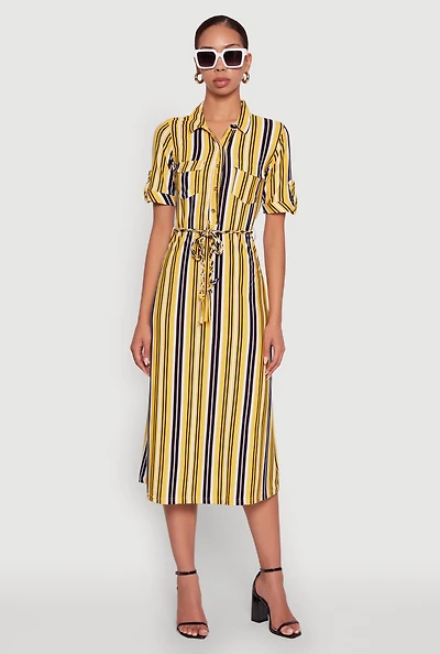 Womens Trendy Half Button Tie Waist Striped Midi Shirt Dress, Yellow, Size L