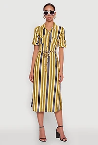 Womens Trendy Half Button Tie Waist Striped Midi Shirt Dress, Yellow, Size L