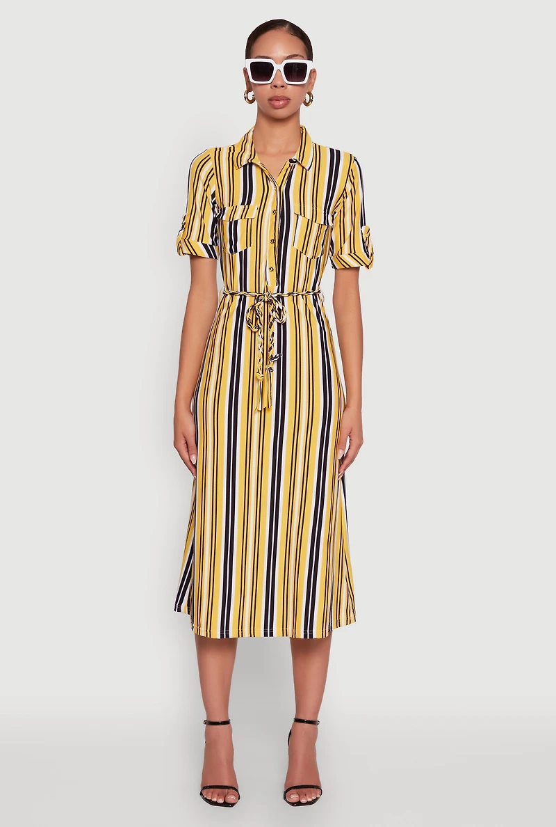 Womens Trendy Half Button Tie Waist Striped Midi Shirt Dress, Yellow, Size L