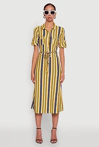 Womens Trendy Half Button Tie Waist Striped Midi Shirt Dress, Yellow, Size L