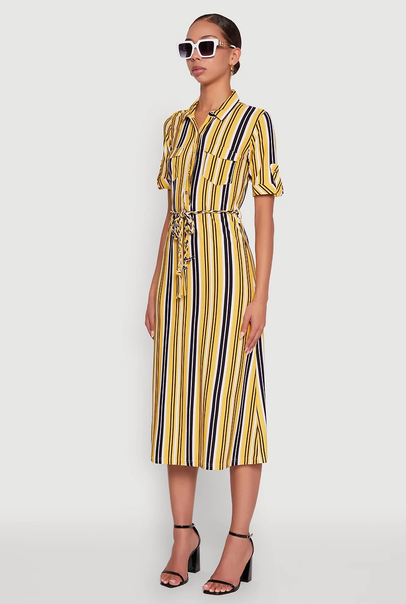 Womens Trendy Half Button Tie Waist Striped Midi Shirt Dress, Yellow, Size L