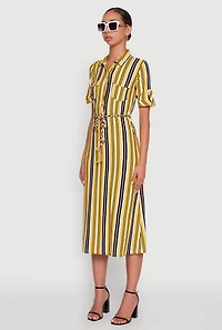 Womens Trendy Half Button Tie Waist Striped Midi Shirt Dress, Yellow, Size L