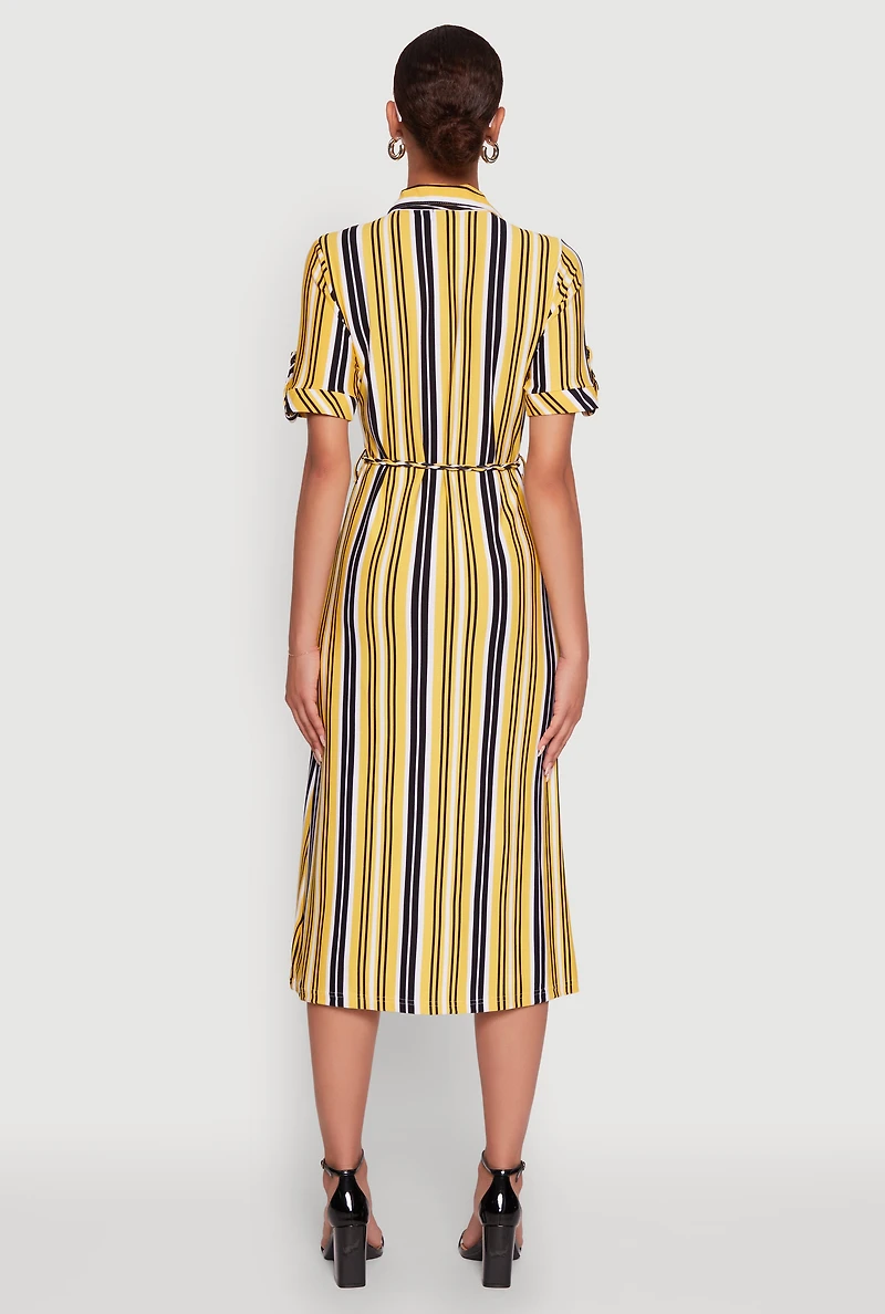 Womens Trendy Half Button Tie Waist Striped Midi Shirt Dress, Yellow, Size L